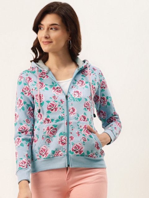 

American Eye Women Blue & Red Floral Printed Pure Cotton Hooded Sweatshirt