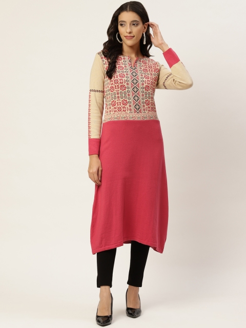 

American Eye Women Pink & Beige Ethnic Motifs Yoke Design Winter Kurta