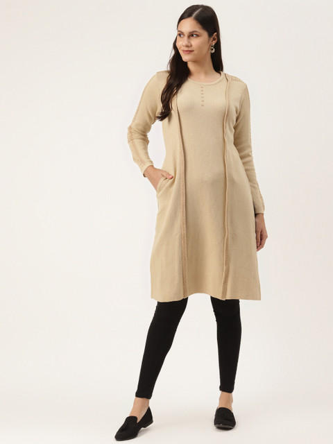 

American Eye Women Beige Striped Winter Kurta