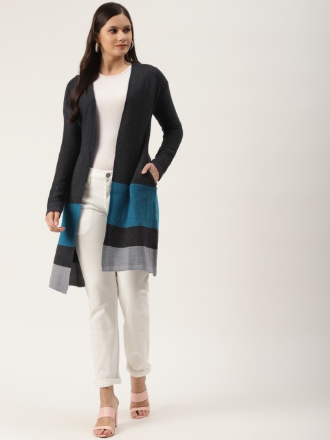 

American Eye Women Charcoal Grey & Teal Blue Colourblocked Longline Shrug