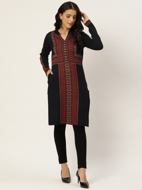 

American Eye Women Black & Red Woven Design Ethnic Motifs Winter Kurta