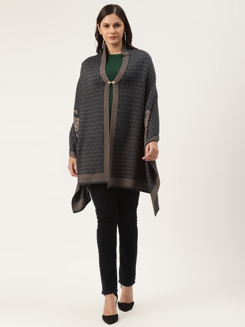 

American Eye Women Charcoal Grey & Beige Self-Design Open Front Shrug