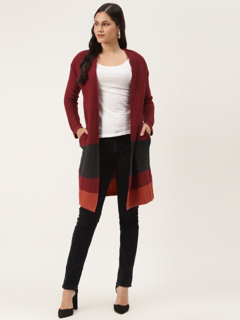 

American Eye Women Maroon & Charcoal Grey Acrylic Striped Longline Shrug