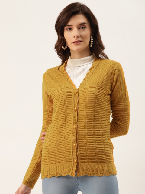 

American Eye Women Mustard Yellow Woven Design Cardigan