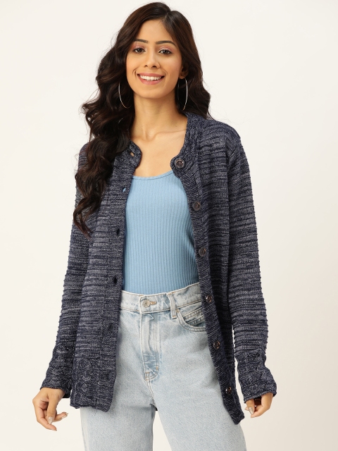 

American Eye Women Navy Blue & White Self Striped Cardigan