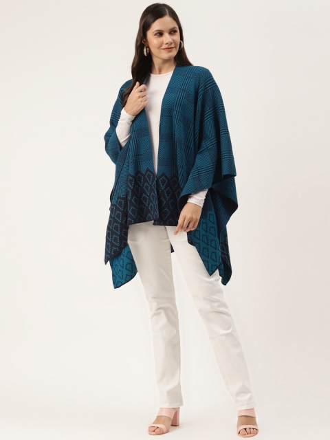 

American Eye Women Teal Blue Checked Longline Shrug