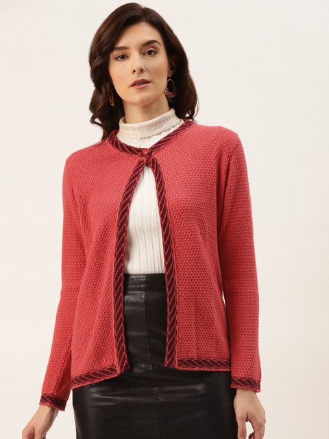 

American Eye Women Red & Maroon Striped Front-Open Sweater