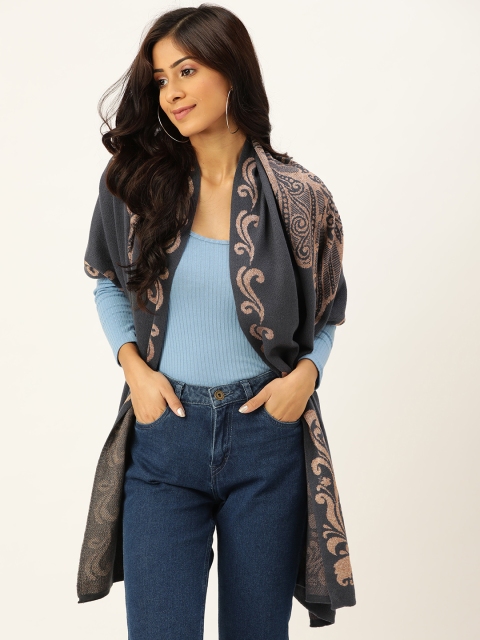 

American Eye Women Navy Blue & Beige Stole with Self-Design Border