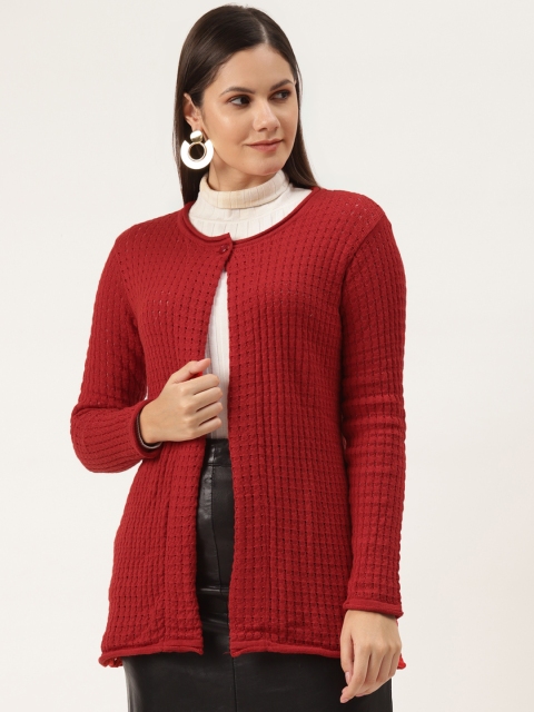 

American Eye Women Red Checked Front-Open Sweater