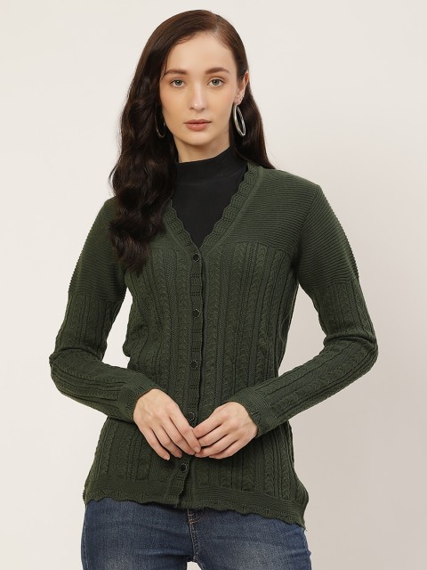 

American Eye Women Green Woven Striped Cardigan