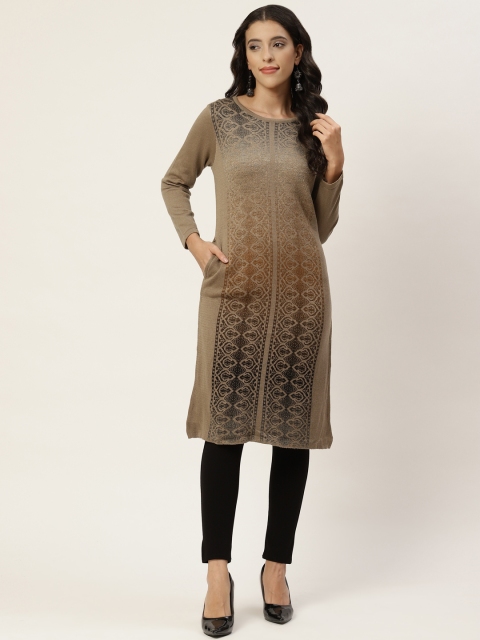 

American Eye Women Beige & Black Ethnic Motifs Winter Kurta
