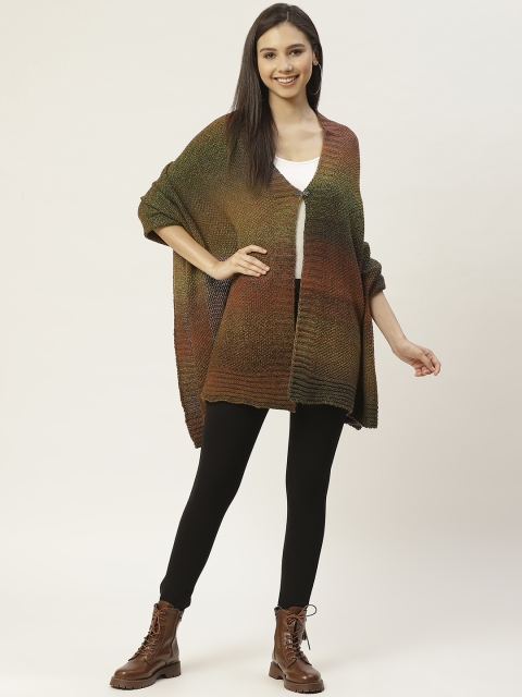 

American Eye Women Rust Brown & Green Self Design Acrylic Longline Button Shrug
