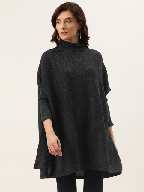 

American Eye Women Charcoal Grey Acrylic Longline Turtle Neck Poncho