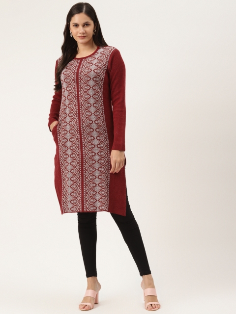 

American Eye Women Maroon & White Ethnic Motifs Winter Kurta