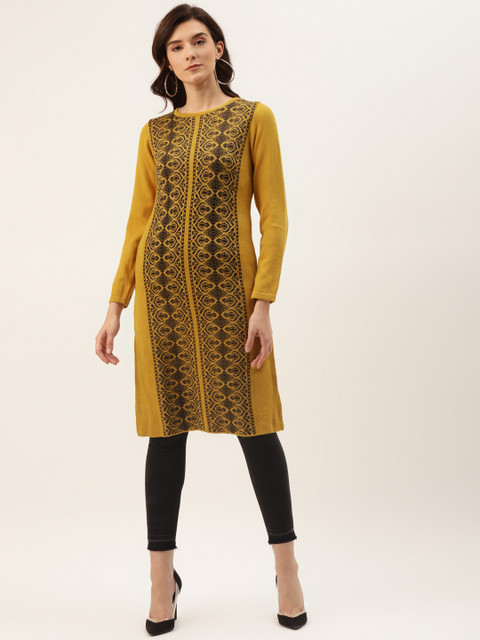 

American Eye Women Mustard Yellow & Brown Ethnic Motifs Winter Kurta