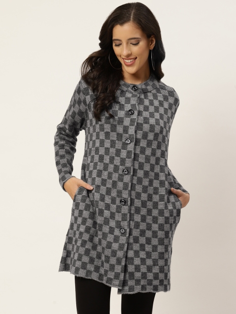 

American Eye Women Grey & Black Checked Longline Cardigan Sweater