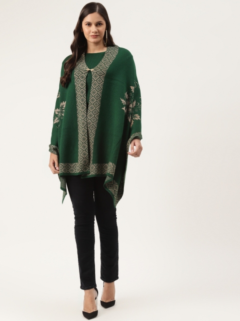

American Eye Women Green & Beige Printed Button Shrug