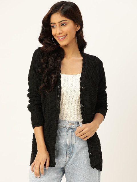 

American Eye Women Black Self Striped Cardigan