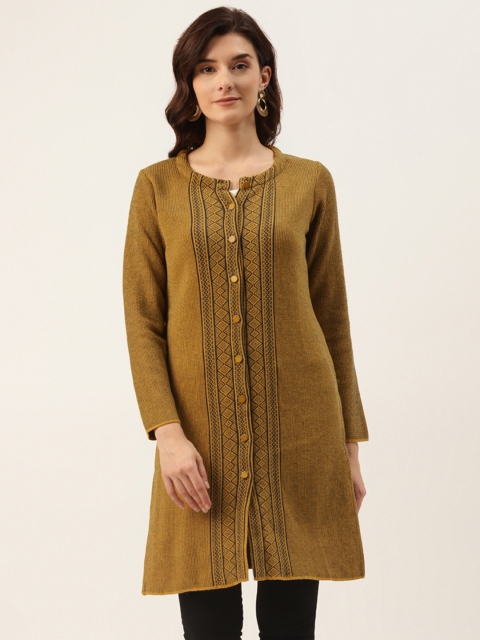 

American Eye Women Mustard Yellow & Brown Longline Front-Open