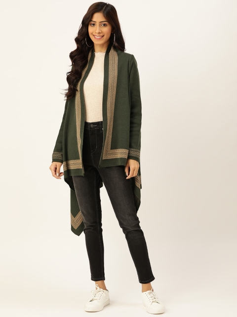 

American Eye Women Green & Beige Longline Front-Open Sweater