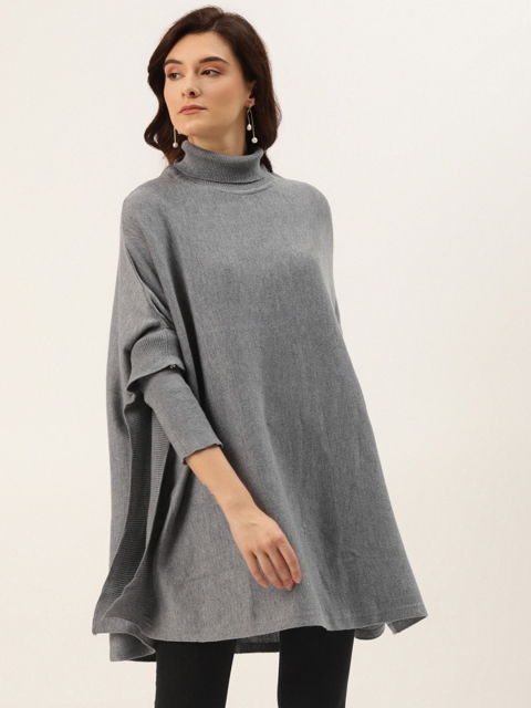 

American Eye Women Grey Melange Acrylic Longline Turtle Neck Poncho