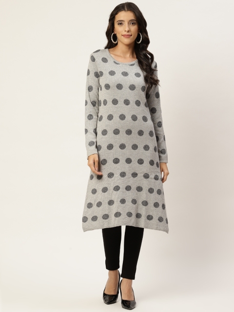 

American Eye Women Grey Woven Design Polka Dots Straight Kurta