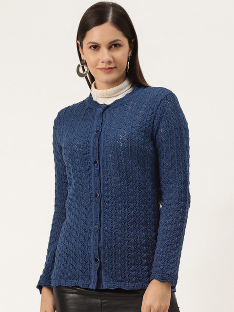 

American Eye Women Navy Blue Self-Design Cardigan