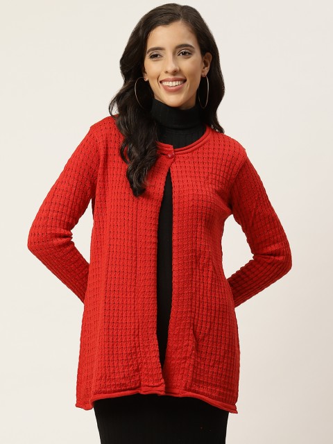 

American Eye Women Red Woven Design Open Knit Cardigan