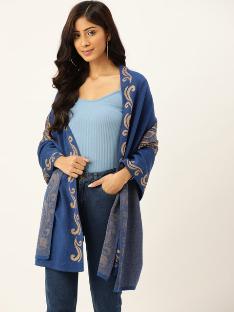 

American Eye Women Navy Blue & Beige Stole with Self-Design Border