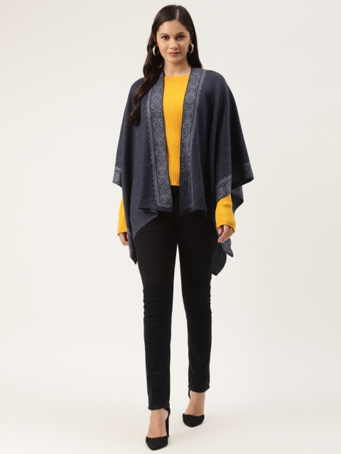 

American Eye Women Navy Blue Printed Open Front Longline Shrug