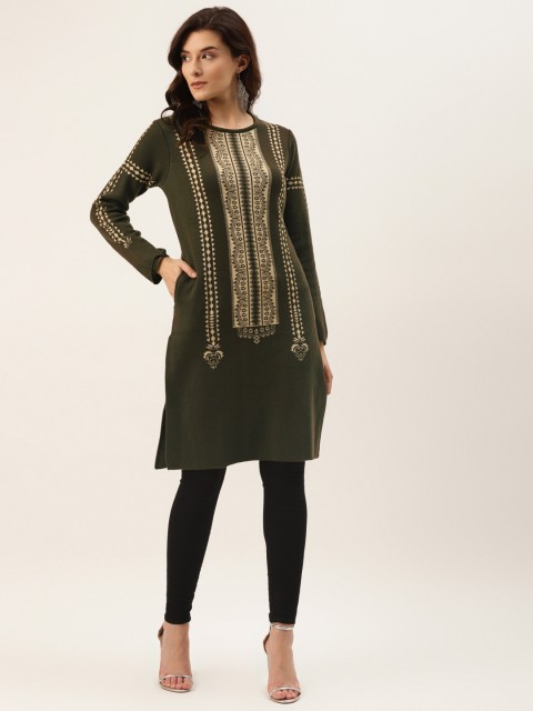 

American Eye Women Olive Green & Cream-Coloured Woven Design Straight Winter Kurta