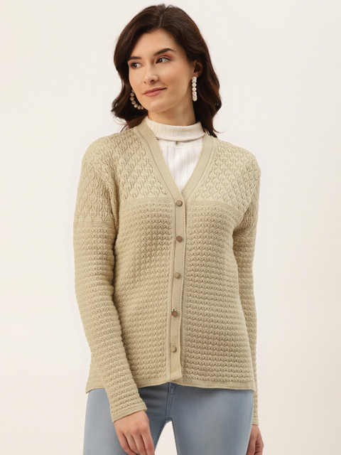 

American Eye Women Cream-Coloured Self-Design Cardigan