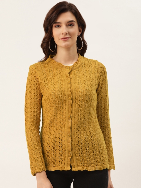 

American Eye Women Mustard Yellow Self-Design Cardigan