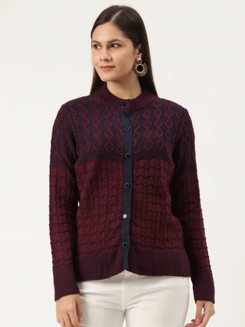 

American Eye Women Maroon & Navy Blue Self-Design Cardigan