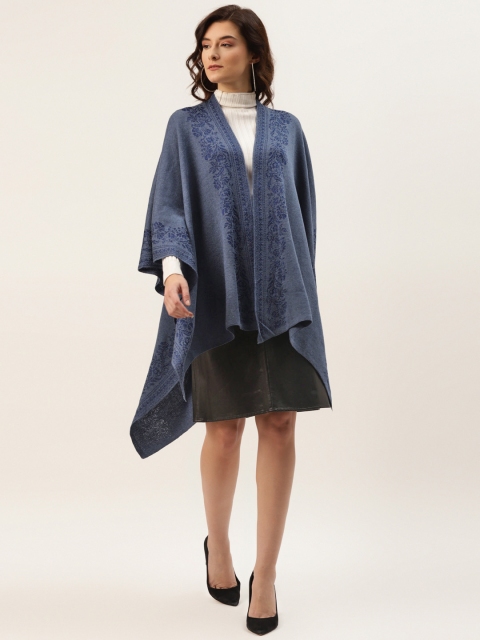 

American Eye Women Navy Blue Floral Patterned Acrylic Longline Poncho Style Shrug