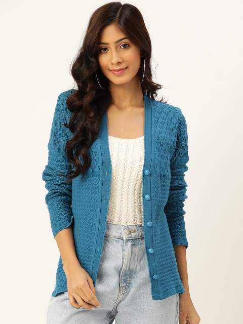 

American Eye Women Turquoise Blue Acrylic Open Knit Cardigan