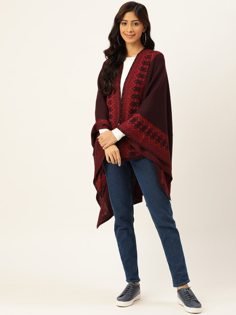 

American Eye Women Burgundy & Maroon Longline Front-Open Sweater