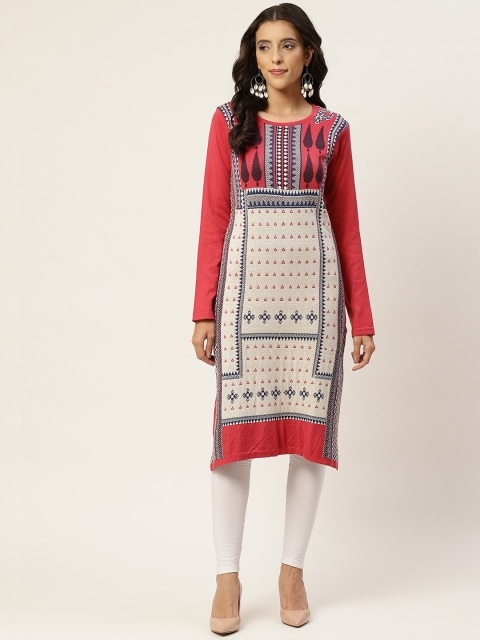 

American Eye Women White & Pink Ethnic Motifs Woven Design Straight Kurta