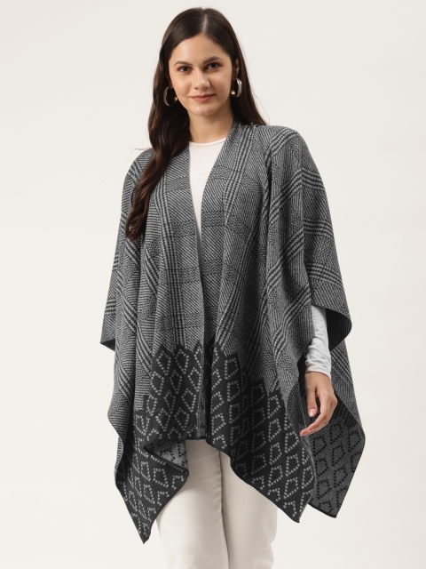 

American Eye Women Grey Melange & Black Self-Checked Acrylic Poncho Style Shrug