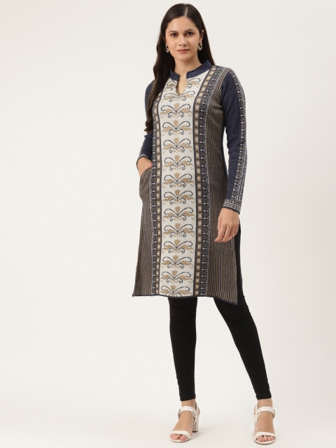 

American Eye Women Navy Blue & Beige Patterned Knitted Winter Kurta
