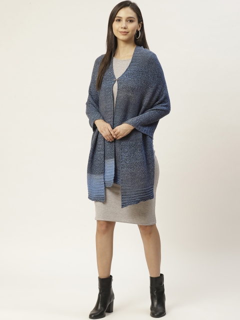 

American Eye Women Blue Self Design Longline Acrylic Button Shrug