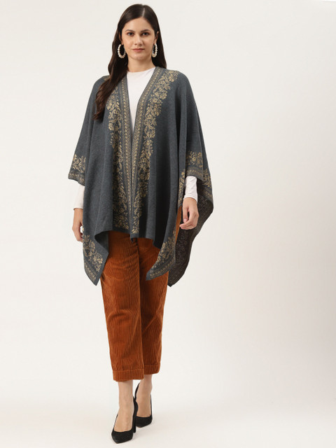 

American Eye Women Charcoal Grey & Beige Printed Open Front Longline Shrug