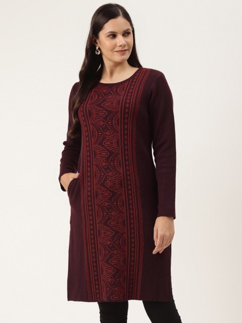 

American Eye Women Maroon Woven Design Straight Winter Kurta