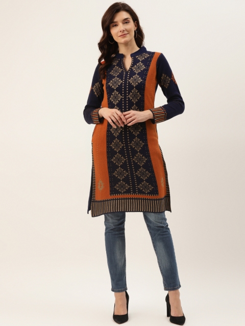 

American Eye Women Navy Blue & Orange Ethnic Motifs Printed Winter Kurta