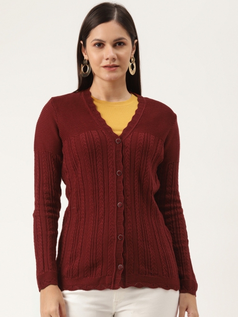 

American Eye Women Maroon Cable Knit Woven Design Cardigan