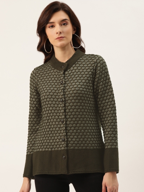 

American Eye Women Olive Green & White Woven Design Cardigan