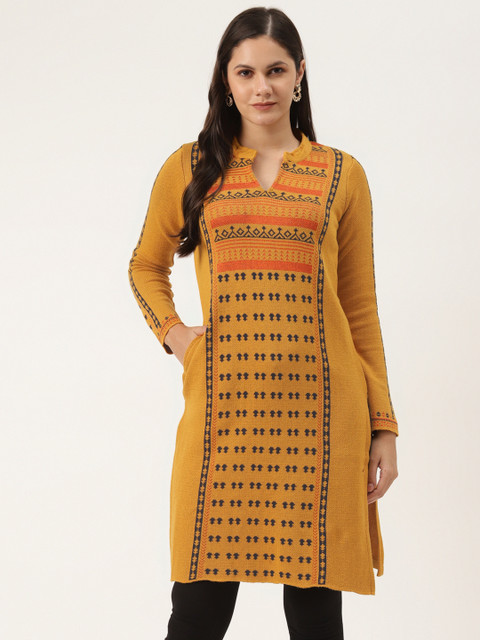 

American Eye Women Mustard Yellow & Black Ethnic Motifs Printed Winter Kurta