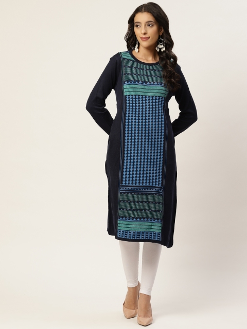 

American Eye Women Blue Woven Design Straight Winter Kurta