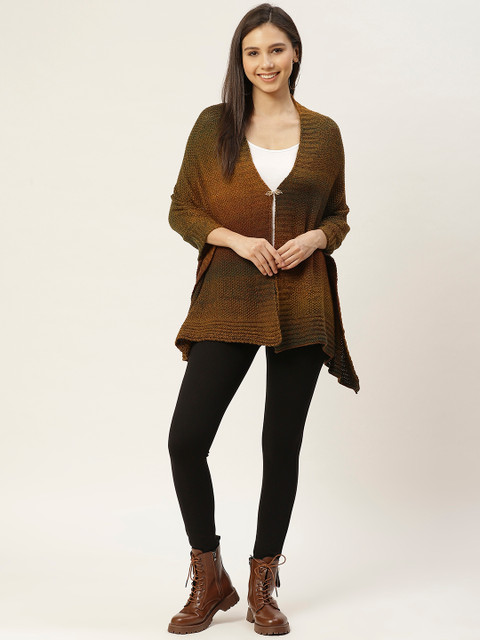 

American Eye Women Olive Green & Rust Orange Self Design Acrylic Button Shrug