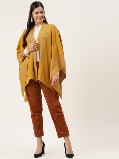 

American Eye Women Mustard Yellow & Beige Printed Open Front Longline Shrug